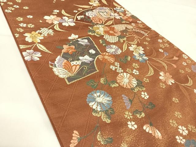 平和屋着物◎六通柄袋帯　唐織　地紙御所車花文　金糸　正絹　逸品　AABJ0472yx