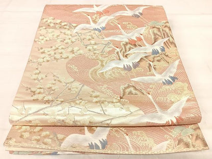 平和屋着物◎六通柄袋帯　唐織　琳派流水鶴文　金糸　正絹　逸品　AABJ0473yx