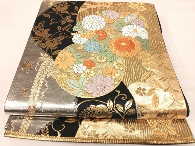 平和屋着物◎六通柄袋帯　唐織　花丸文　黒地　金銀糸　正絹　逸品　AABJ0478yx