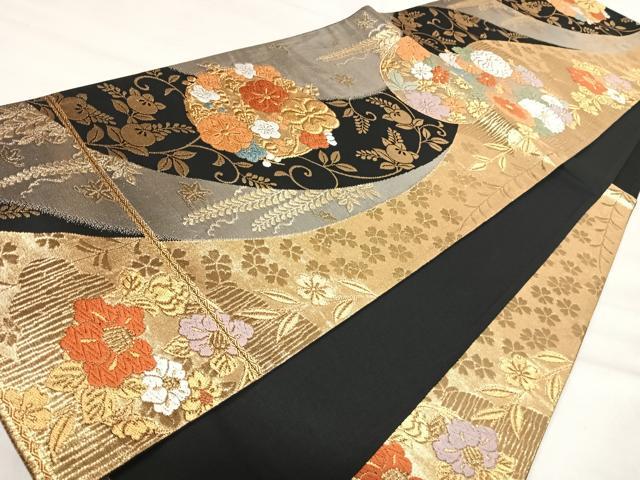 平和屋着物◎六通柄袋帯　唐織　花丸文　黒地　金銀糸　正絹　逸品　AABJ0478yx