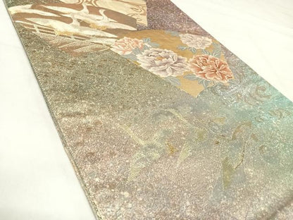平和屋着物◎六通柄袋帯　唐織　地紙飛鶴花文　金銀糸　正絹　逸品　AABJ0480yx