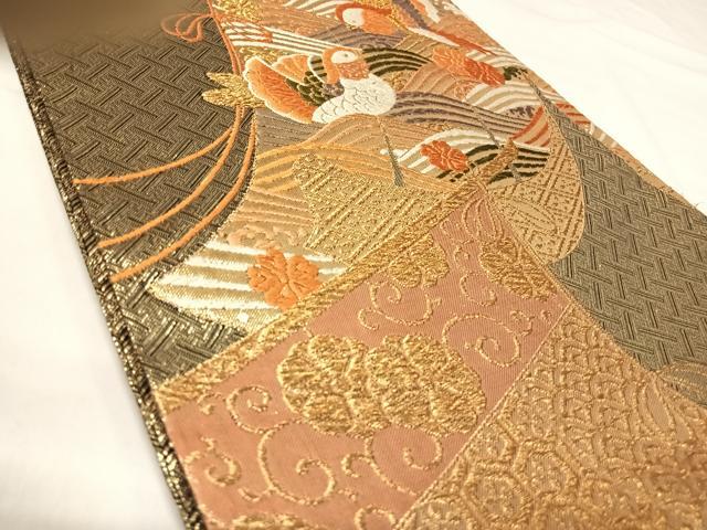 平和屋着物◎佐賀錦　六通柄袋帯　唐織　鴛鴦花文　金糸　正絹　逸品　AABJ0481yx