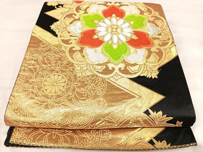 平和屋着物◎六通柄袋帯　唐織　正倉院花文　黒地　金銀糸　正絹　逸品　AABJ0483yx