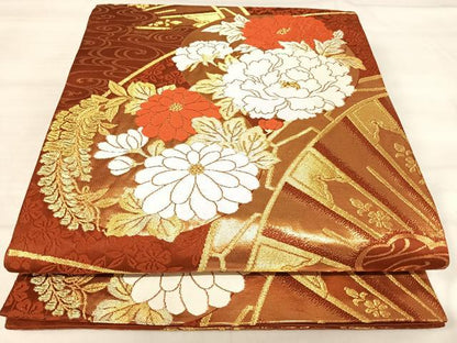 平和屋着物◎六通柄袋帯　唐織　源氏車花丸文　金糸　正絹　逸品　AABJ0484yx