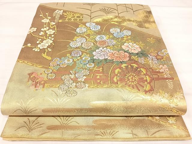平和屋着物◎六通柄袋帯　唐織　花車屏風　金糸　正絹　逸品　AABJ0485yx