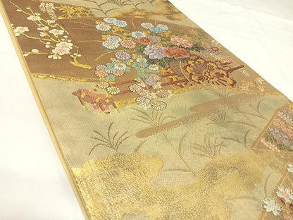 平和屋着物◎六通柄袋帯　唐織　花車屏風　金糸　正絹　逸品　AABJ0485yx