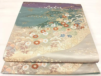 平和屋着物◎六通柄袋帯　唐織　流水花文　金銀糸　正絹　逸品　AABJ0486yx