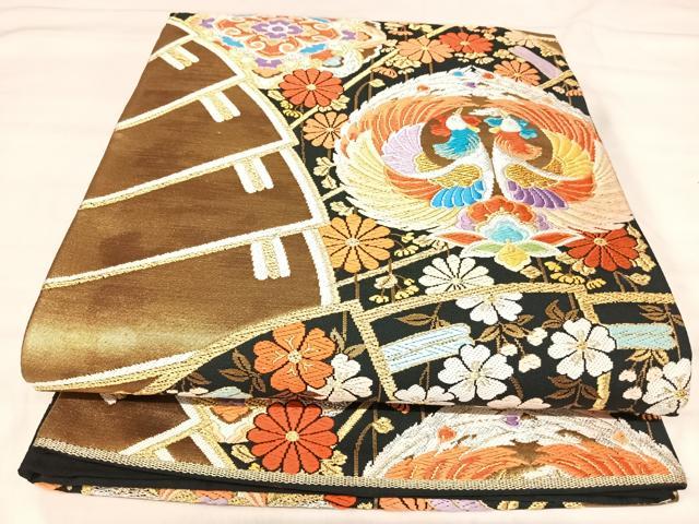 平和屋着物◎六通柄袋帯　唐織　舞園秀扇園　黒地　金銀糸　正絹　逸品　AABJ0489yx