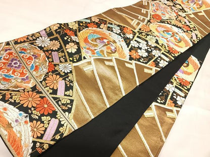 平和屋着物◎六通柄袋帯　唐織　舞園秀扇園　黒地　金銀糸　正絹　逸品　AABJ0489yx