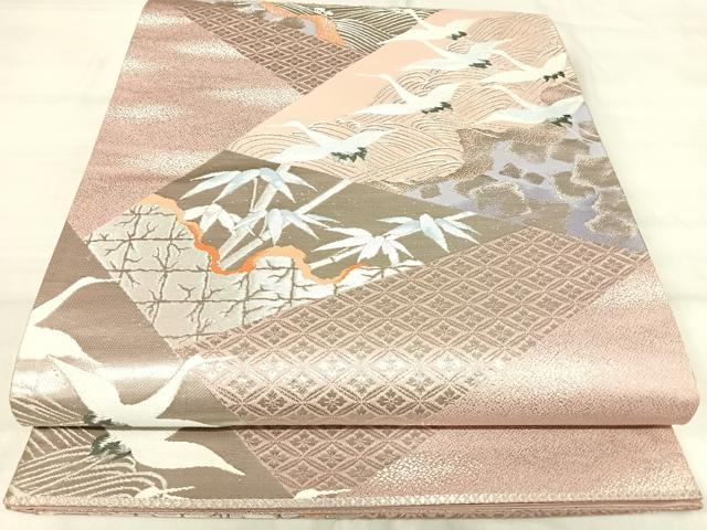 平和屋着物◎六通柄袋帯　琳派　切取乾山鶴　銀糸　正絹　逸品　AABJ0493yx