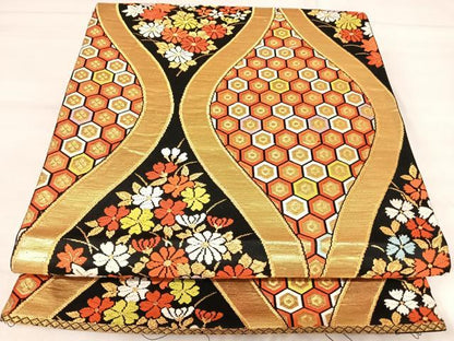 平和屋着物◎六通柄袋帯　唐織　立涌花文　黒地　金糸　正絹　逸品　AABJ0499yx