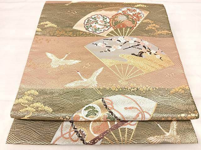 平和屋着物◎綴れ　六通柄袋帯　唐織　作家物　扇面飛鶴文　金糸　正絹　逸品　AABJ0502yx
