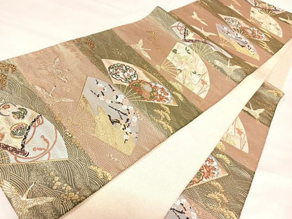 平和屋着物◎綴れ　六通柄袋帯　唐織　作家物　扇面飛鶴文　金糸　正絹　逸品　AABJ0502yx
