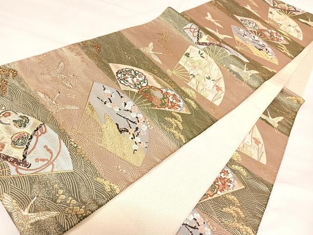 平和屋着物◎綴れ　六通柄袋帯　唐織　作家物　扇面飛鶴文　金糸　正絹　逸品　AABJ0502yx