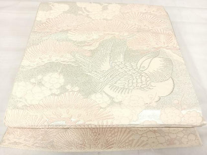 平和屋着物◎六通柄袋帯　唐織　鴛鴦梅松文　銀糸　正絹　逸品　AABJ0523yx