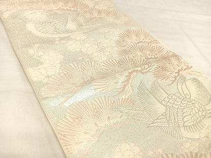 平和屋着物◎六通柄袋帯　唐織　鴛鴦梅松文　銀糸　正絹　逸品　AABJ0523yx