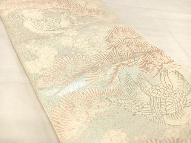 平和屋着物◎六通柄袋帯　唐織　鴛鴦梅松文　銀糸　正絹　逸品　AABJ0523yx