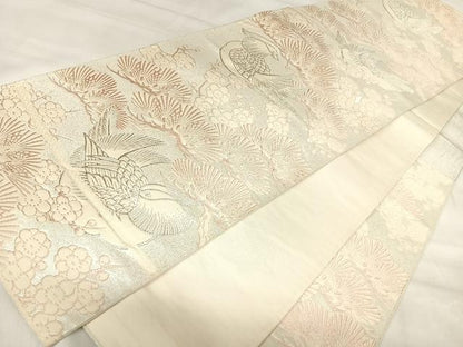 平和屋着物◎六通柄袋帯　唐織　鴛鴦梅松文　銀糸　正絹　逸品　AABJ0523yx