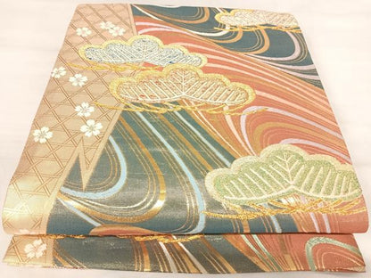 平和屋着物◎佐賀錦　六通柄袋帯　唐織　流水松文　金糸　正絹　逸品　AABJ0531yx