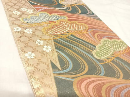 平和屋着物◎佐賀錦　六通柄袋帯　唐織　流水松文　金糸　正絹　逸品　AABJ0531yx