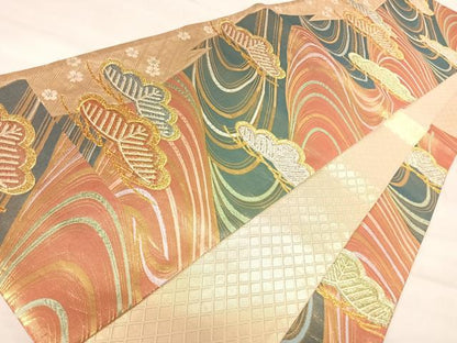 平和屋着物◎佐賀錦　六通柄袋帯　唐織　流水松文　金糸　正絹　逸品　AABJ0531yx