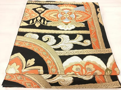 平和屋着物◎六通柄袋帯　唐織　更紗花文　黒地　金糸　正絹　逸品　AABJ0534yx