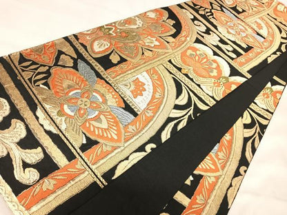 平和屋着物◎六通柄袋帯　唐織　更紗花文　黒地　金糸　正絹　逸品　AABJ0534yx
