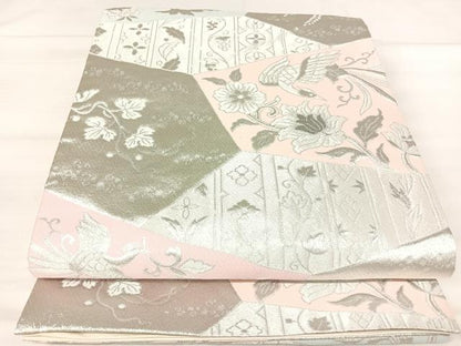 平和屋着物◎六通柄袋帯　鳳凰更紗花文　プラチナ銀箔二重織　松寿錦　正絹　逸品　AABJ0536yx