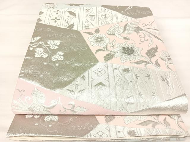 平和屋着物◎六通柄袋帯　鳳凰更紗花文　プラチナ銀箔二重織　松寿錦　正絹　逸品　AABJ0536yx