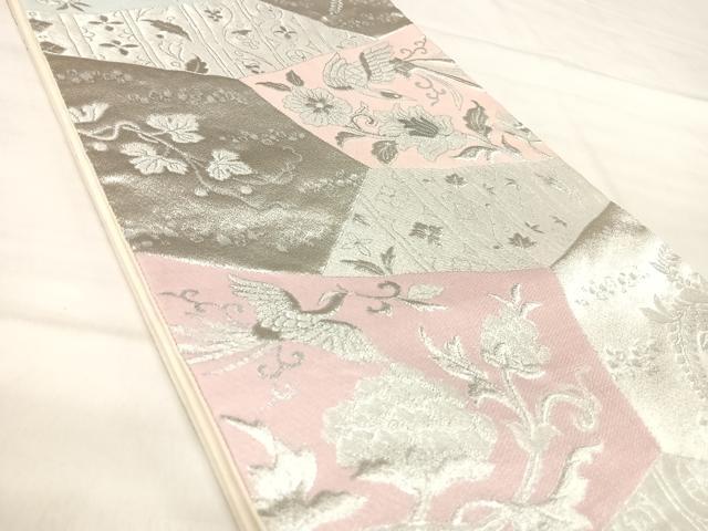 平和屋着物◎六通柄袋帯　鳳凰更紗花文　プラチナ銀箔二重織　松寿錦　正絹　逸品　AABJ0536yx