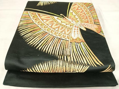 平和屋着物◎六通柄袋帯　舞蝶文　黒地　金銀糸　正絹　逸品　AABJ0538yx