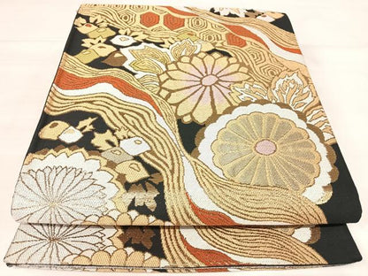 平和屋着物◎六通柄袋帯　草花文　黒地　金銀糸　正絹　逸品　AABJ0540yx