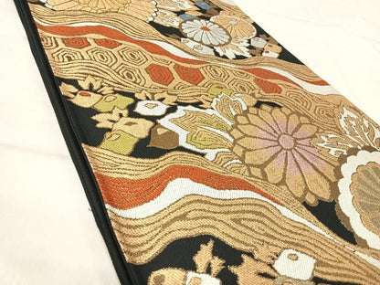 平和屋着物◎六通柄袋帯　草花文　黒地　金銀糸　正絹　逸品　AABJ0540yx