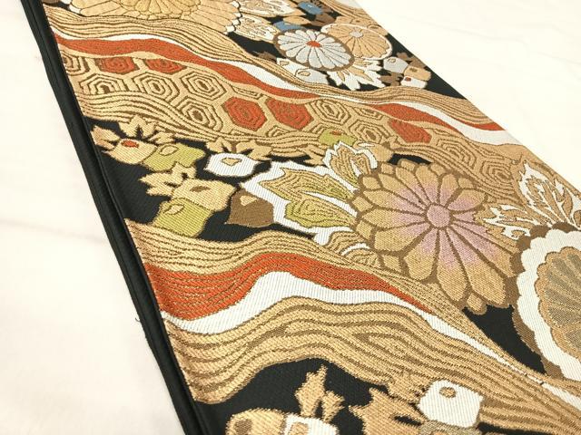 平和屋着物◎六通柄袋帯　草花文　黒地　金銀糸　正絹　逸品　AABJ0540yx