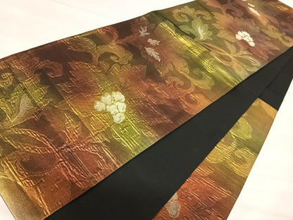 平和屋着物◎六通柄袋帯　ふくれ織　更紗花文　金糸　正絹　逸品　AABJ0542yx