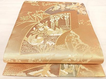 平和屋着物◎佐賀錦　六通柄袋帯　地紙花鳥文　金糸　正絹　逸品　AABJ0545yx