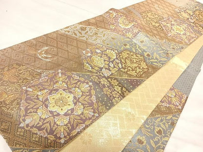 平和屋着物◎佐賀錦　六通柄袋帯　更紗草花文　金糸　正絹　逸品　AABJ0546yx