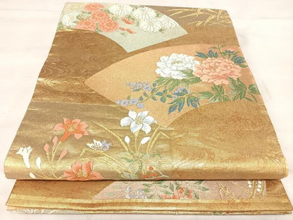 平和屋着物◎六通柄袋帯　唐織　地紙草花文　金糸　正絹　逸品　AABJ0548yx
