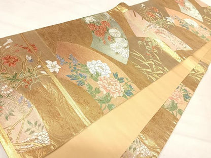 平和屋着物◎六通柄袋帯　唐織　地紙草花文　金糸　正絹　逸品　AABJ0548yx
