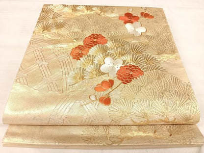 平和屋着物◎太鼓柄袋帯　駒刺繍　梅松文　金糸　引箔　正絹　逸品　AABJ0564yx