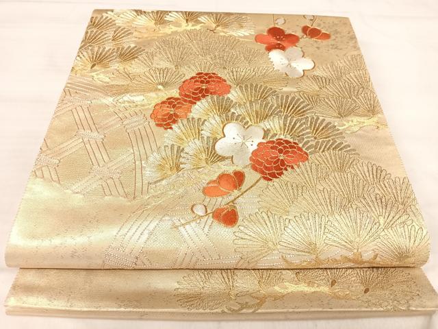 平和屋着物◎太鼓柄袋帯　駒刺繍　梅松文　金糸　引箔　正絹　逸品　AABJ0564yx