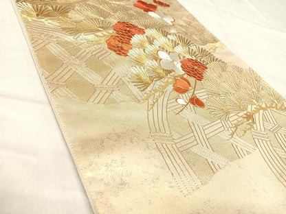 平和屋着物◎太鼓柄袋帯　駒刺繍　梅松文　金糸　引箔　正絹　逸品　AABJ0564yx