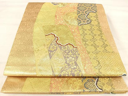 平和屋着物◎六通柄袋帯　鬘帯花文　金糸　正絹　逸品　AABJ0567yx