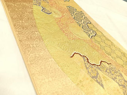 平和屋着物◎六通柄袋帯　鬘帯花文　金糸　正絹　逸品　AABJ0567yx