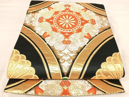 平和屋着物◎六通柄袋帯　唐織　飾花文　黒地　金銀糸　正絹　逸品　AABJ0570yx