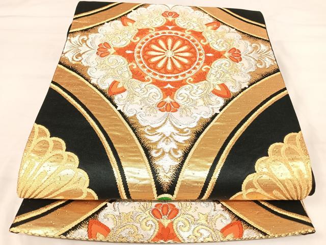 平和屋着物◎六通柄袋帯　唐織　飾花文　黒地　金銀糸　正絹　逸品　AABJ0570yx