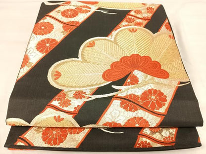平和屋着物◎六通柄袋帯　唐織　花松文　黒地　金銀糸　正絹　逸品　AABJ0581yx