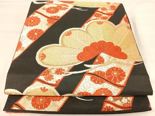 平和屋着物◎六通柄袋帯　唐織　花松文　黒地　金銀糸　正絹　逸品　AABJ0581yx