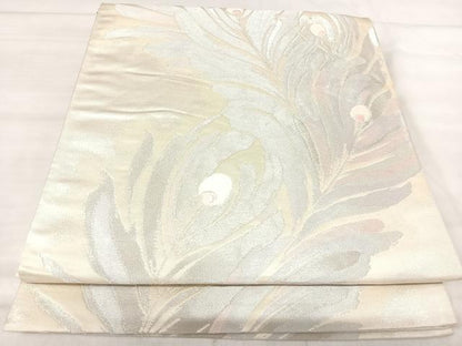 平和屋着物◎六通柄袋帯　唐織　孔雀羽文　銀糸　正絹　逸品　AABJ0582yx