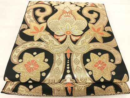平和屋着物◎六通柄　本袋帯　唐織　飾花文　黒地　金銀糸　正絹　逸品　AABJ0583yx